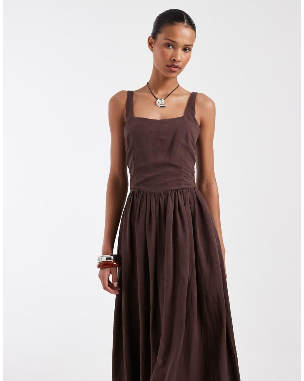 & Other Stories Brown Corset Detail Midi Dress With Puff Skirt