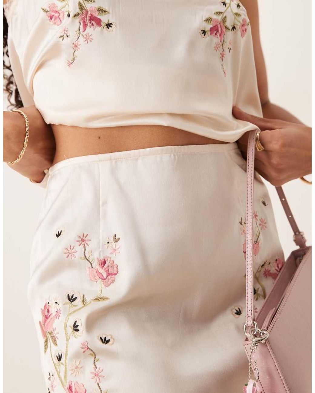 ASOS Natural Satin Embroidered Co-ord Mini Skirt