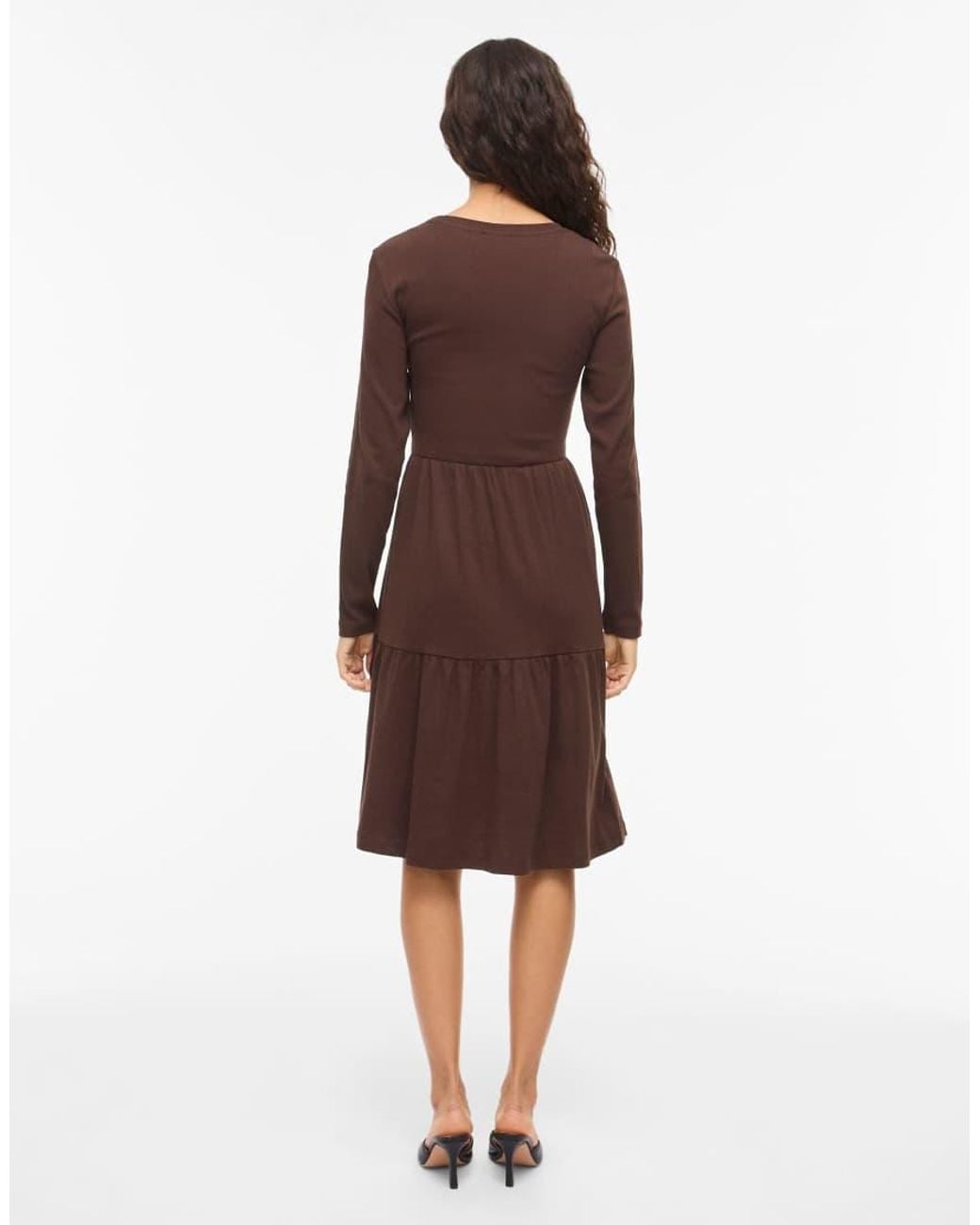 Vila Brown Sleeved Vihollie Ribbed Crew Neck Long Sleeve Medium Midi Dress