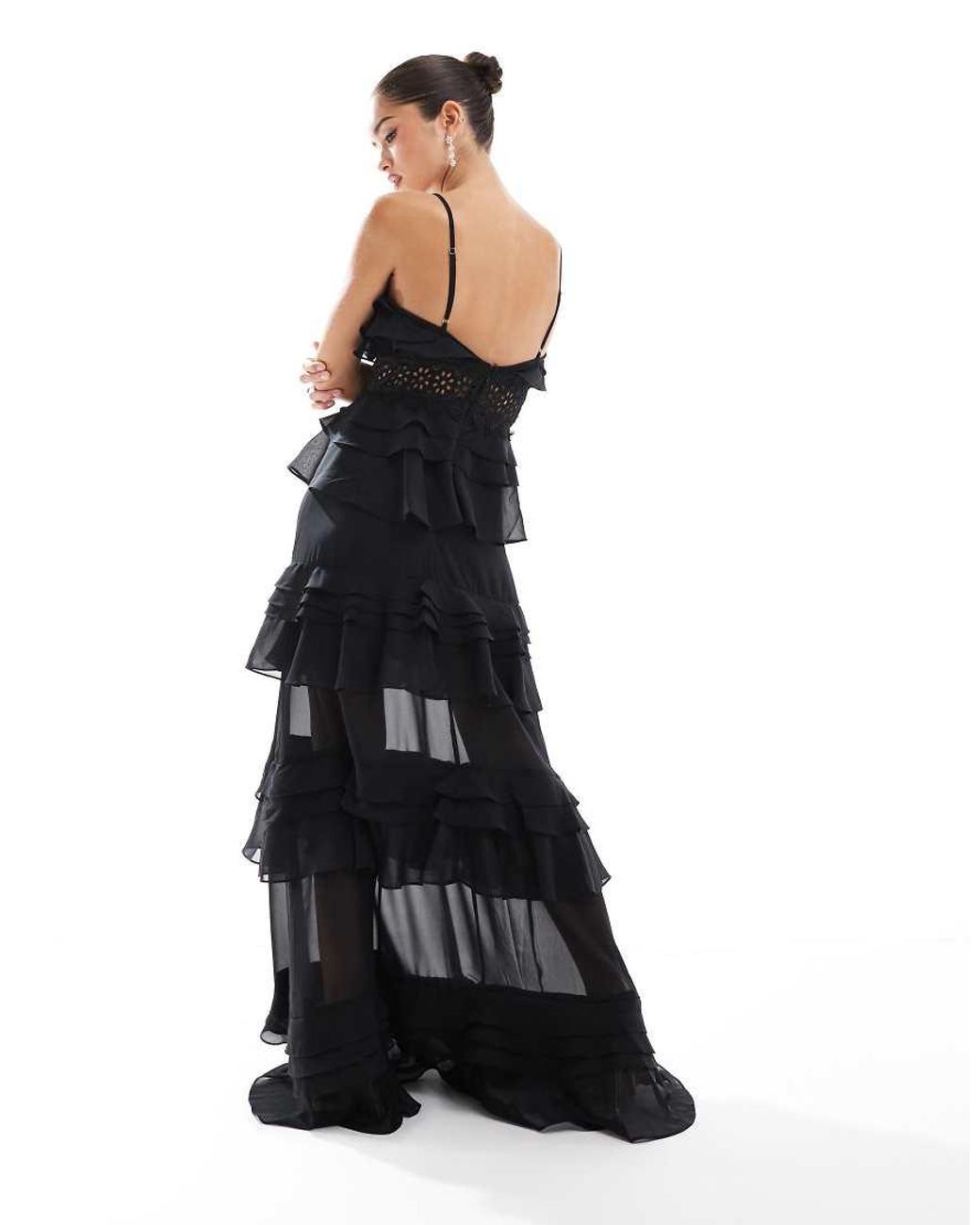 True Decadence Black Plunge Front Tiered Ruffle Maxi-Dress