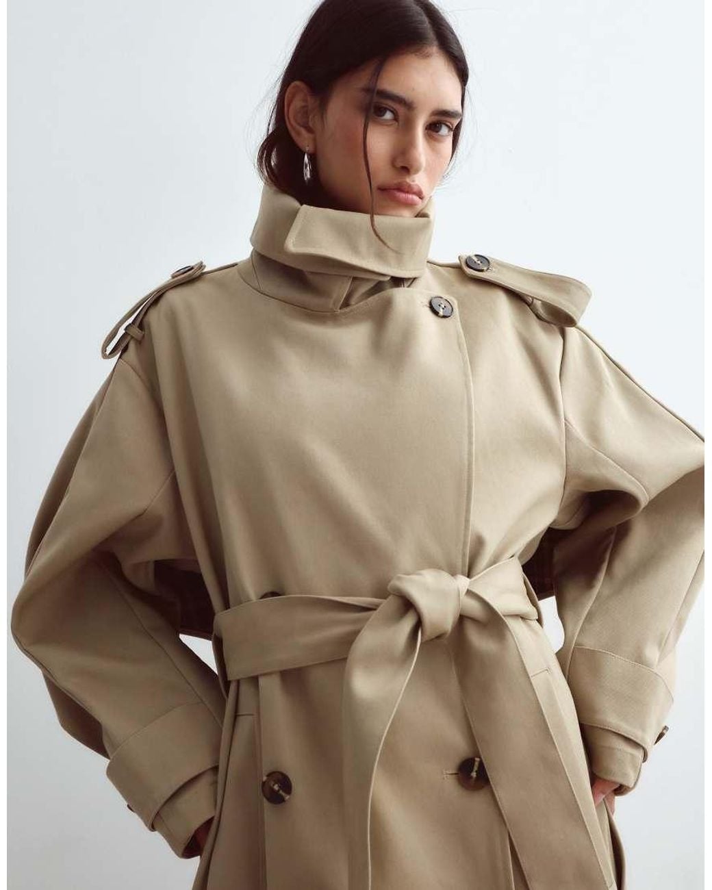 ARRANGE Natural Premium Belted Funnel Neck Trench Coat