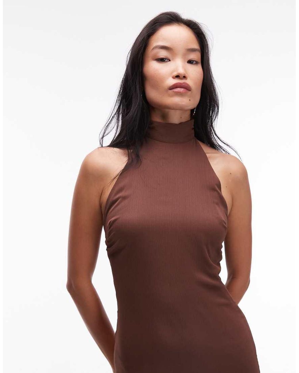 ASOS Brown Chiffon High Neck Maxi Dress