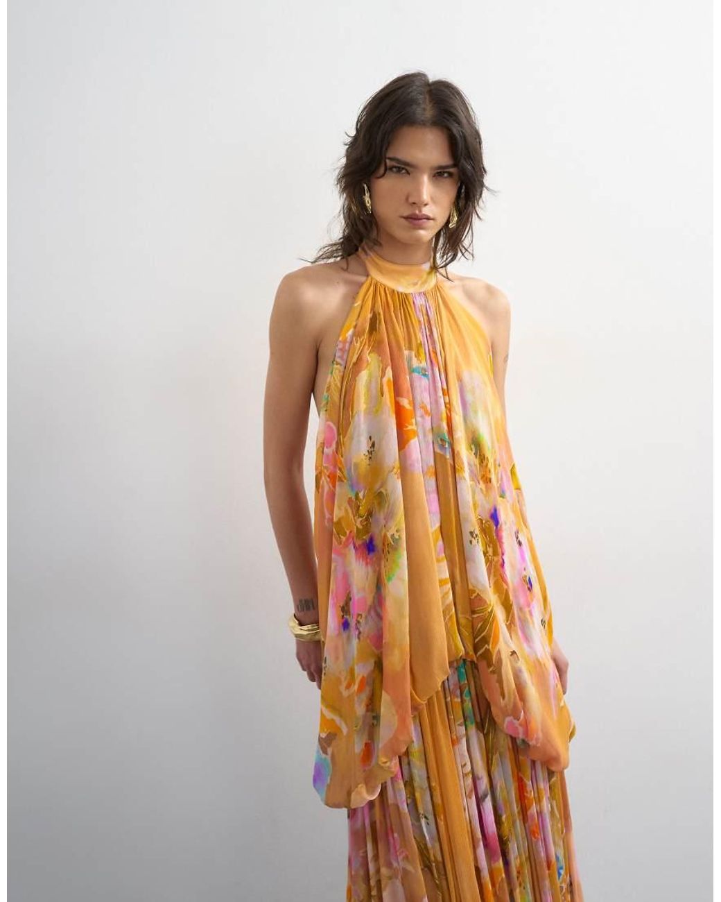 TOPSHOP Brown Premium Viscose Blouson Halter Neck Maxi Dress With Open Back And Train