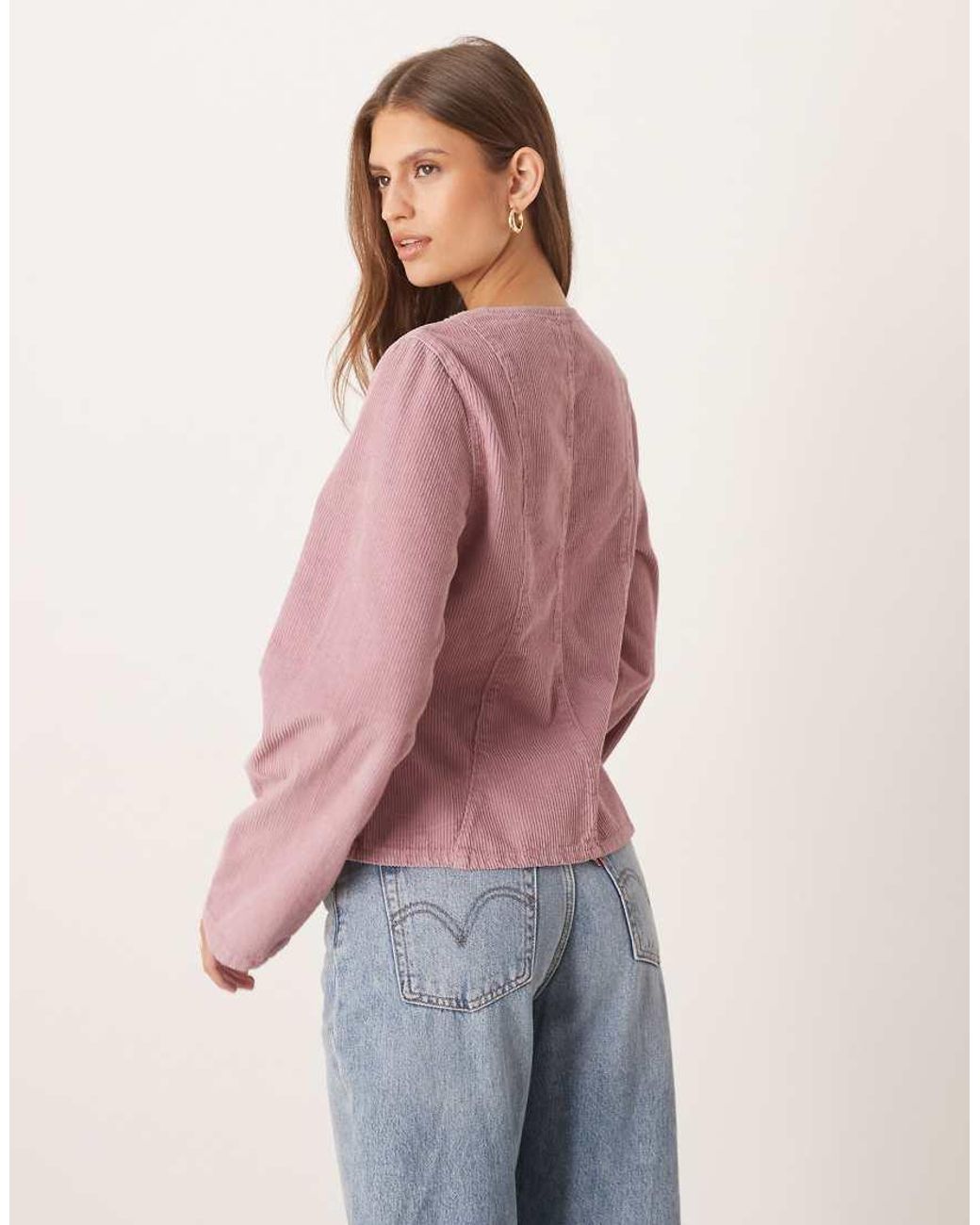 ASOS Pink Long Sleeve Corduroy Top With Cinched Waist