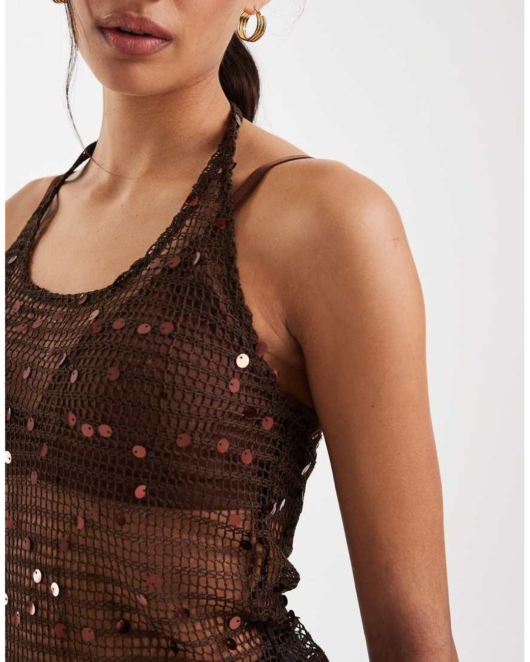 JJXX Natural Crochet Halter Top With Sequins