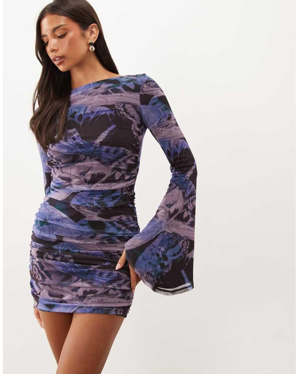ASOS Blue Printed Mesh Waterfall Sleeve Ruched Mini Dress