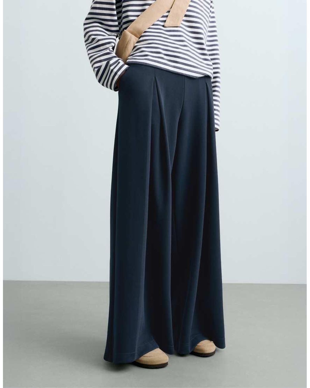 Oysho Blue Wide-Leg Pique Trousers With Cotton