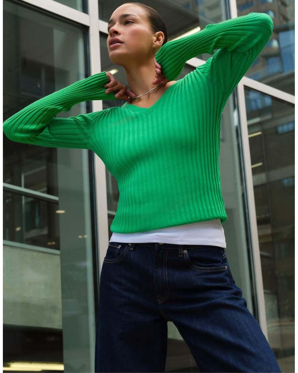 Pull&Bear Green Ribbed V-neck Jumper