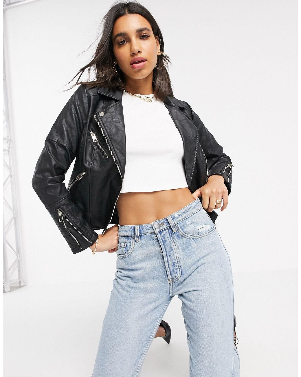 Black faux leather jacket with gold zipper hotsell