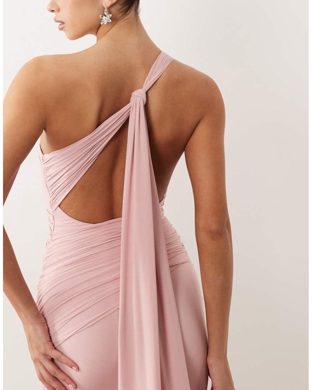 Oh Polly Pink Slinky Draped Detailing One Shoulder Open Tie Back Maxi Dress