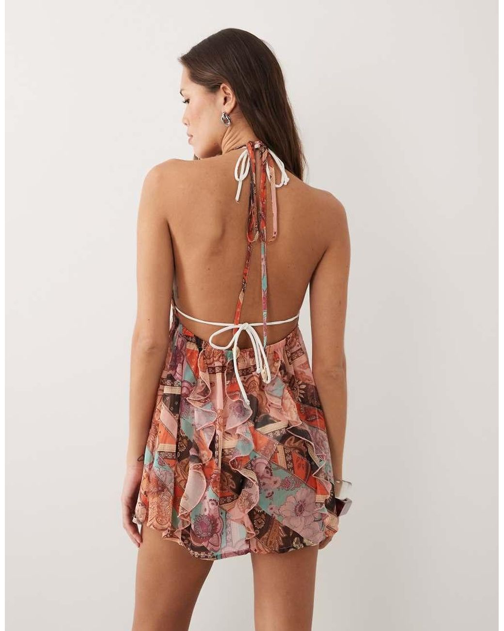 Miss Selfridge Brown Beach Ring Detail Halterneck Cut About Scarf Print Cover Up