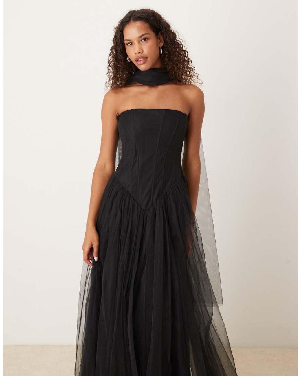 LACE & BEADS Black Strapless Drop Hem Corset Maxi With Neck Scarf