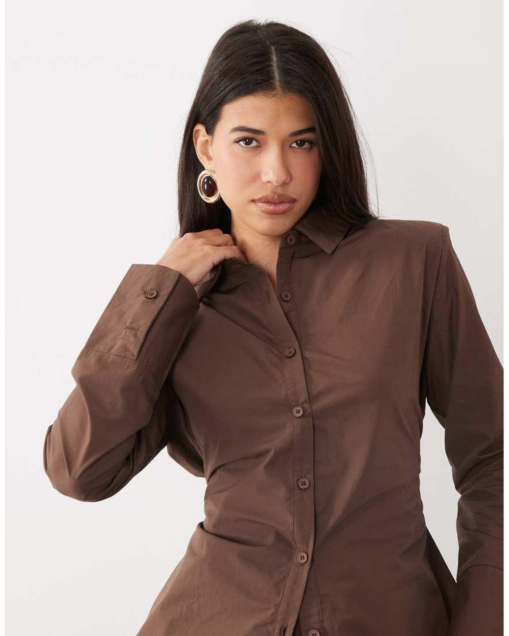 Kaiia Brown Exclusive Shoulder Pad Bow Tie Back Detail Striped Shirt