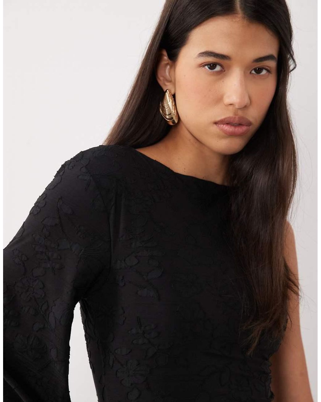 ASOS Black One-shoulder Floral Devore Mini Dress With Fringe Detail