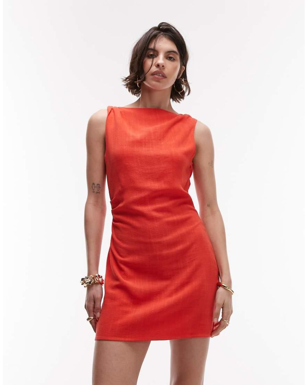 TOPSHOP Red Twist Shoulder Mini Linen Dress