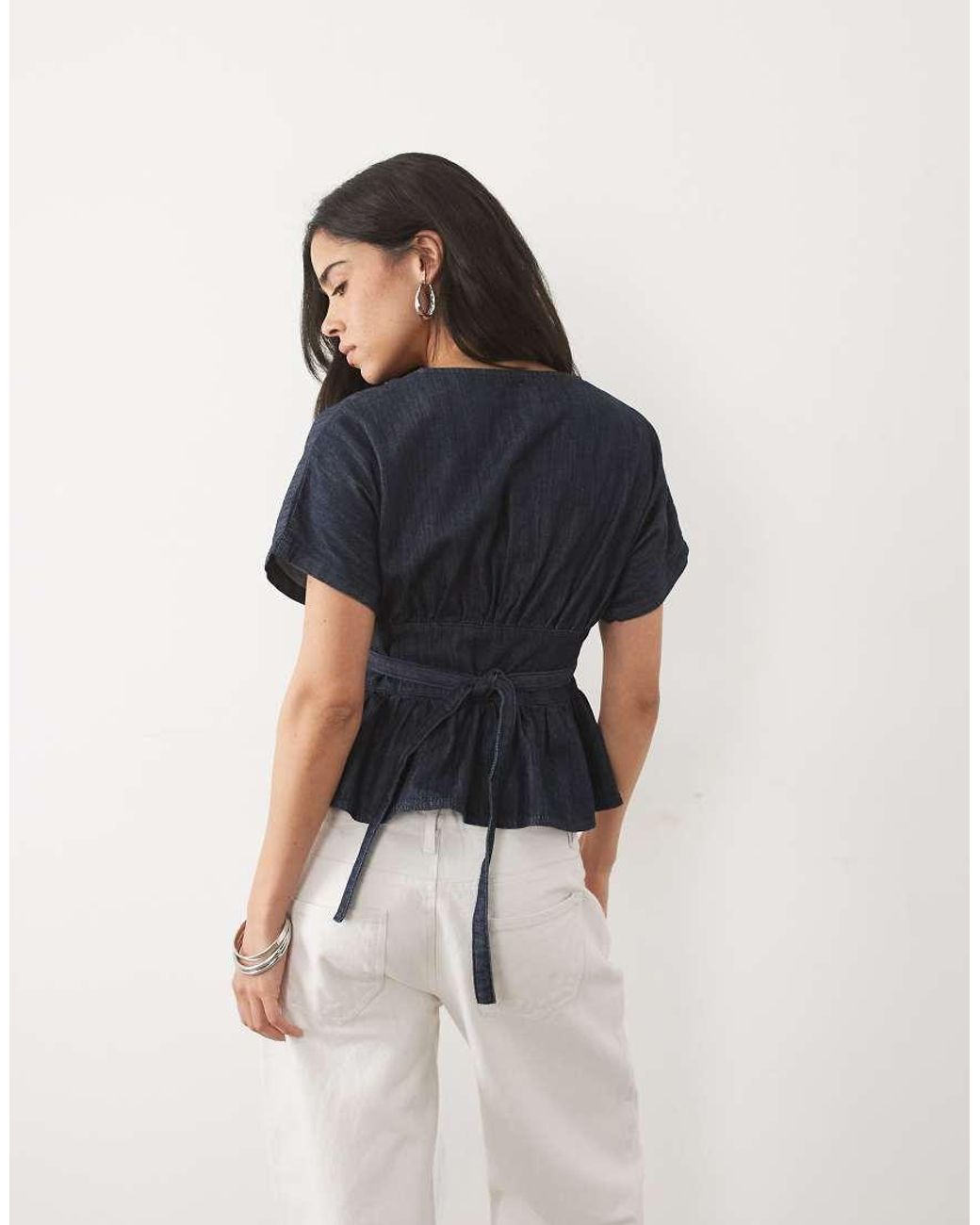 Miss Selfridge Blue Denim Batwing Tie Front Top