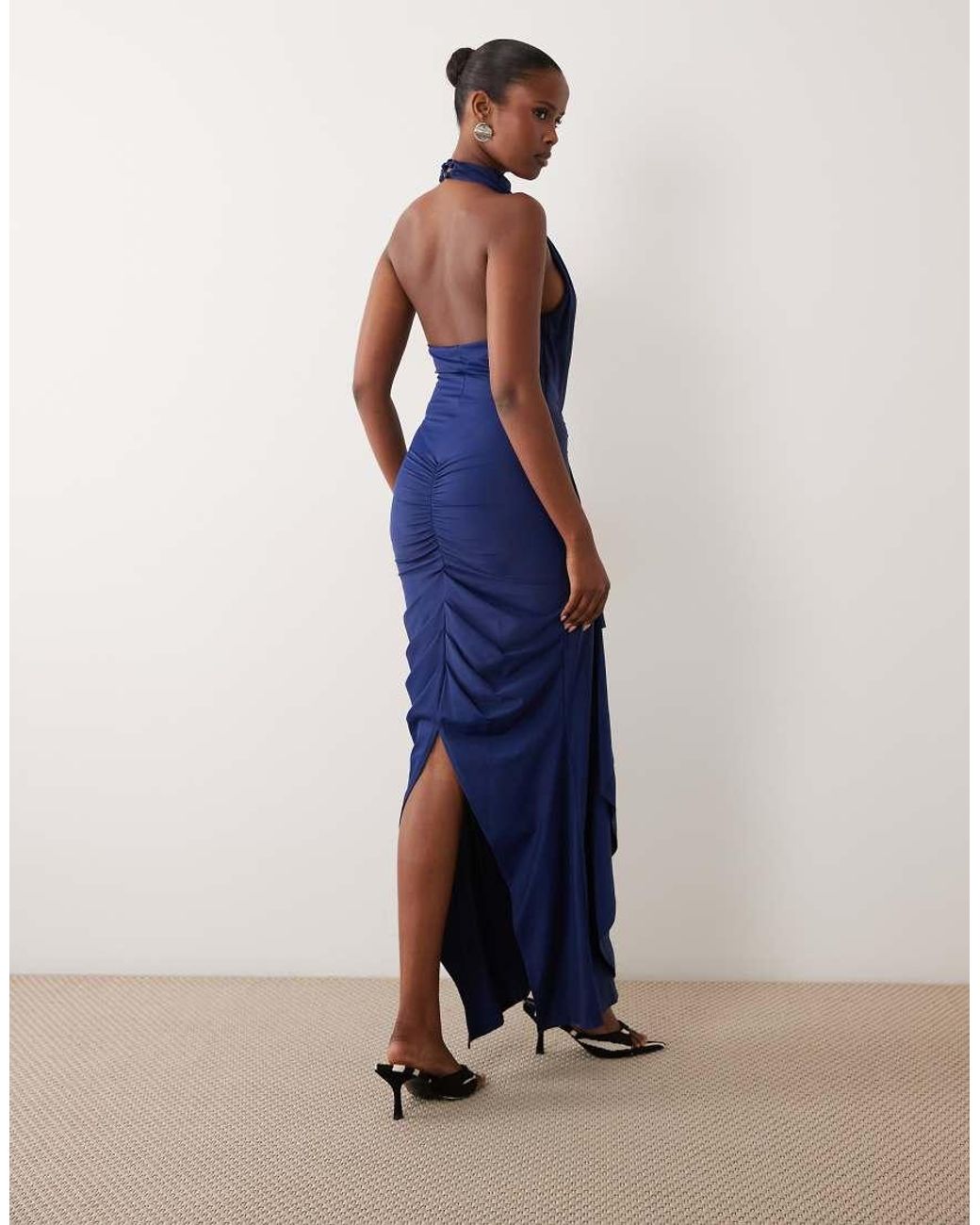 ASOS Blue Sculpting Jersey High Neck Drape Ruffle Maxi Dress