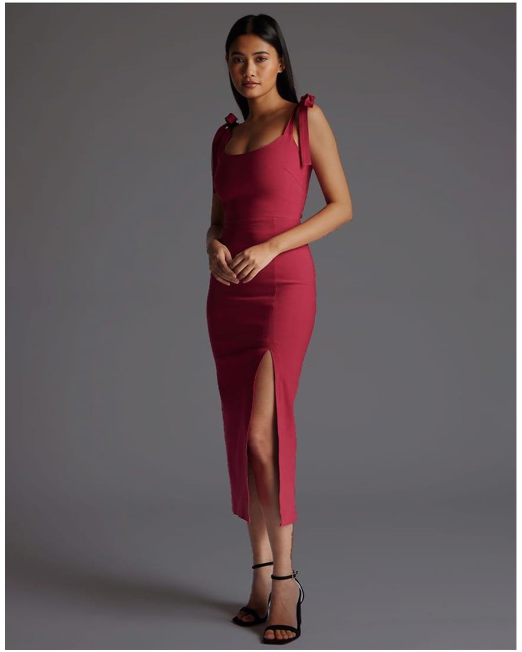 Vesper Red Square Neck Bow Strap Midaxi Dress
