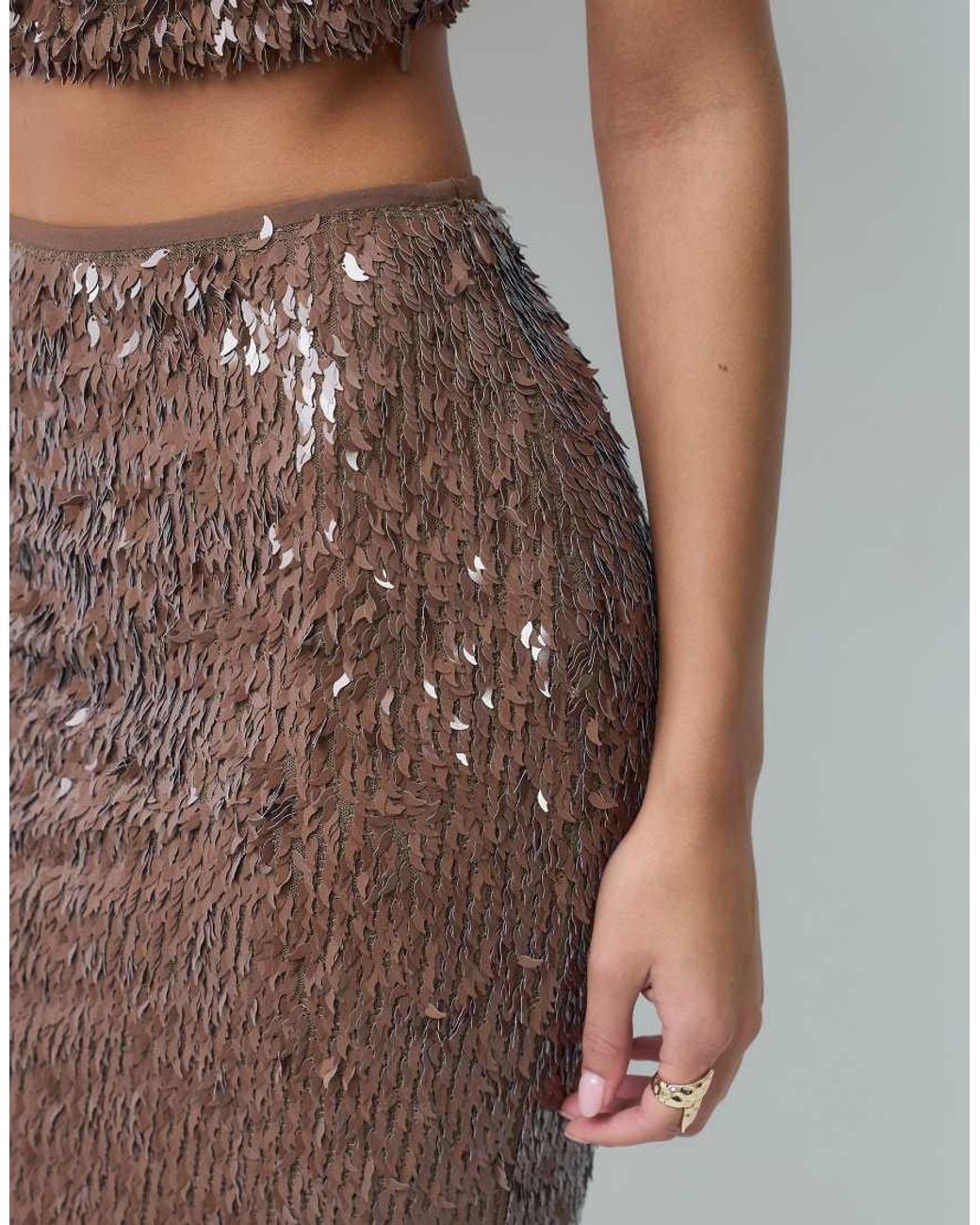 ASOS Brown Co-ord Feather Sequin Midi Skirt
