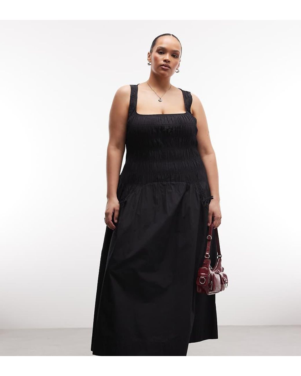 Collusion Black Plus Square Neck Shirred Midi Dress