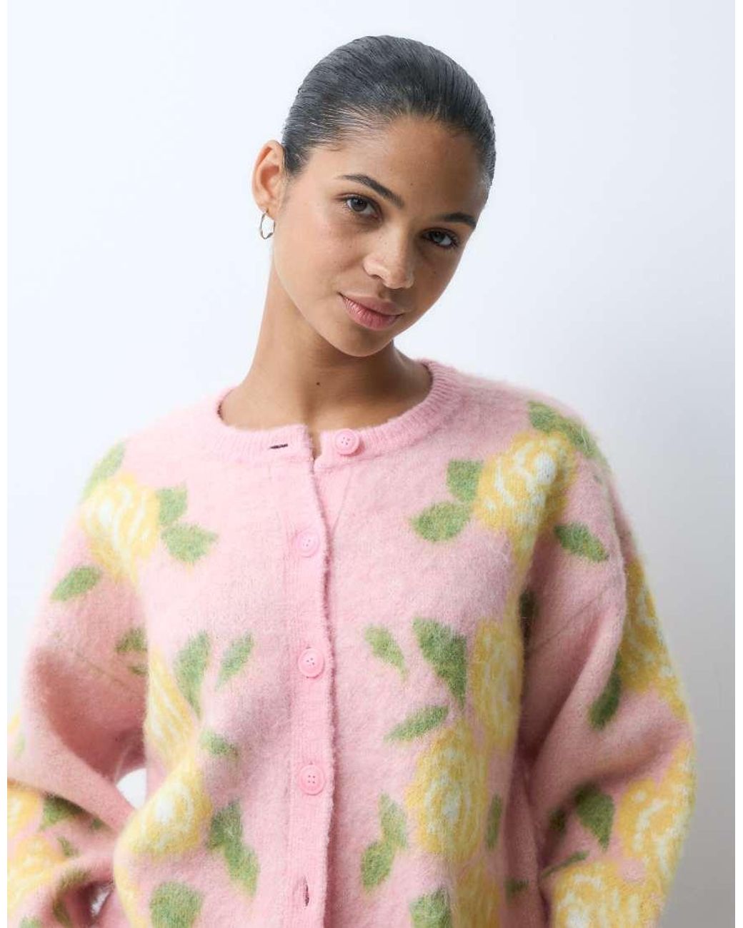 Miss Selfridge White Brushed Floral Crew Neck Cardigan