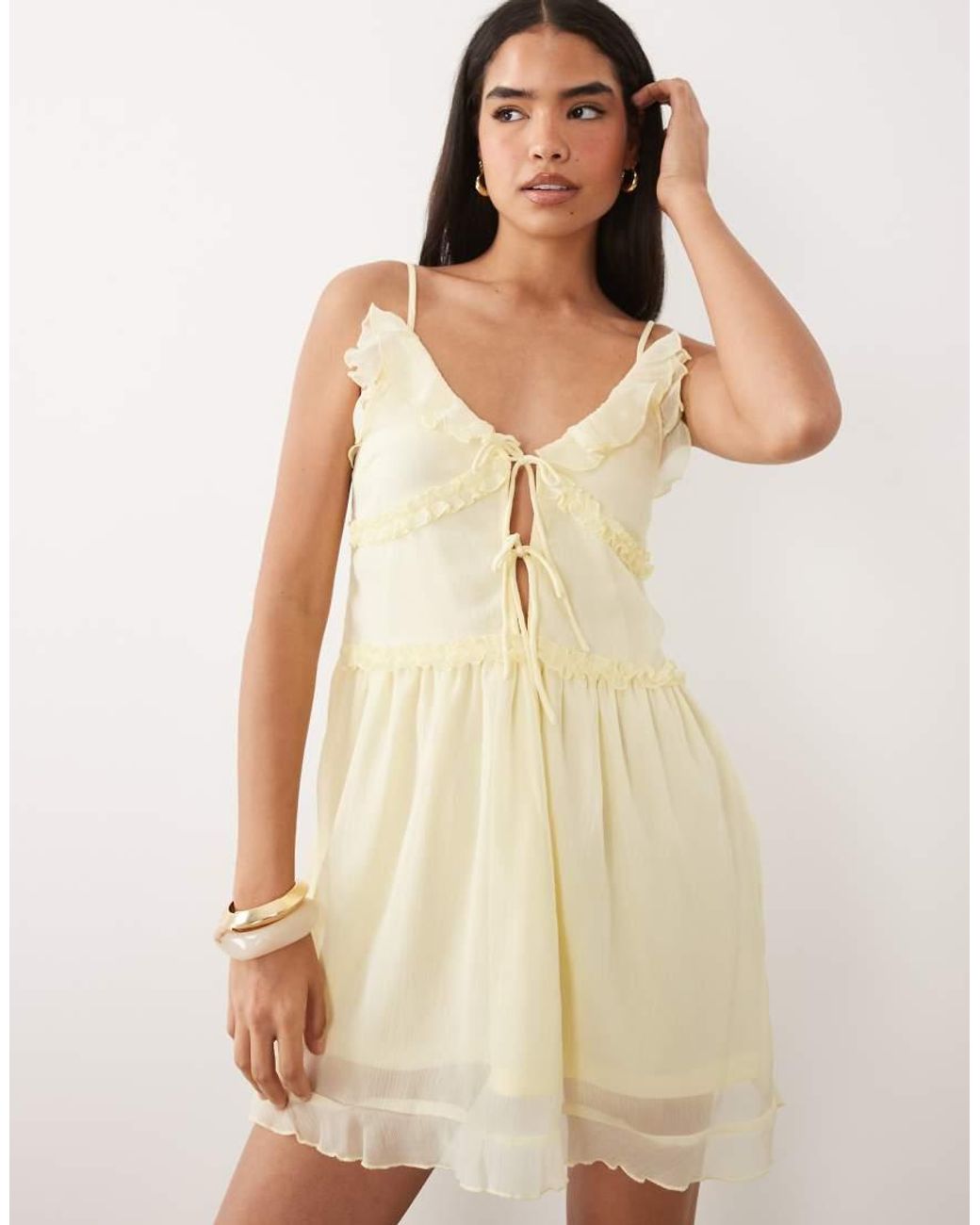 Vila Natural Tie Front Cami Mini Dress With Frill Trim