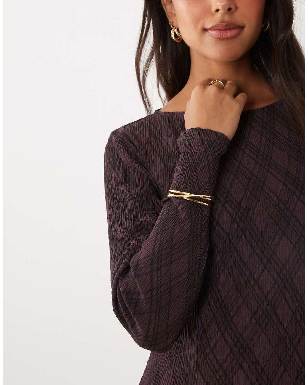 Mango Brown Plisse Long Sleeve Midi Dress