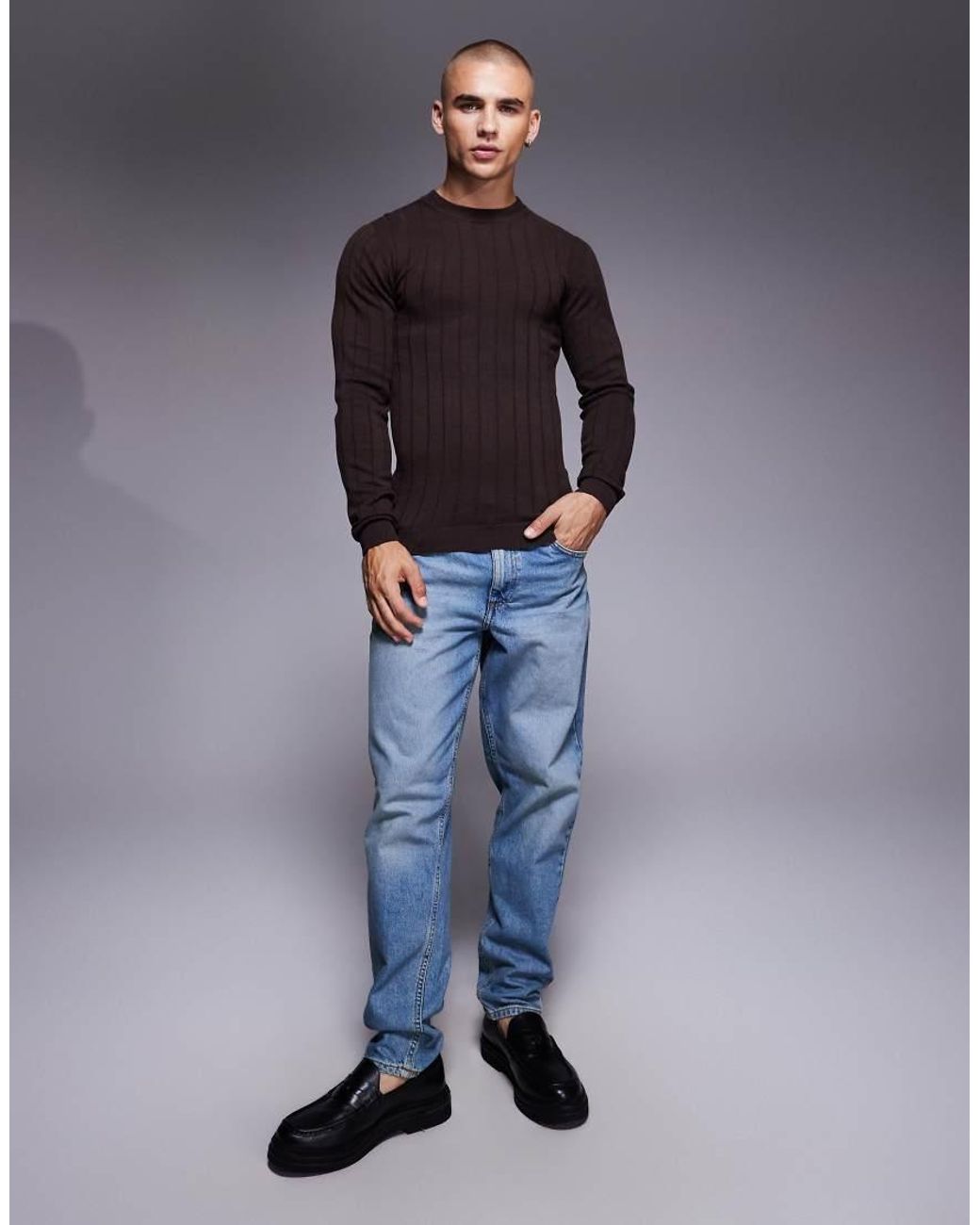 ASOS Geribbeld Gebreid Muscle Fit T-Shirt Met Lange Mouwen in het Blue voor heren