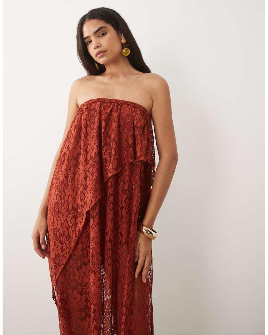 ASOS Red Lace Bandeau Asymmetric Drape Midi Dress With Plait Detail