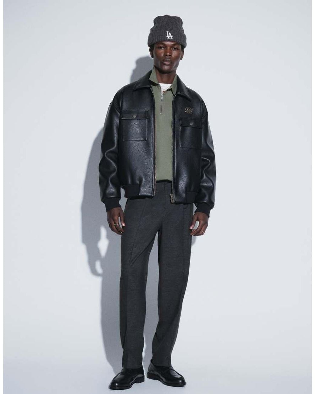 Prohibited Gray Oversized Pu Leather Trucker Jacket for men