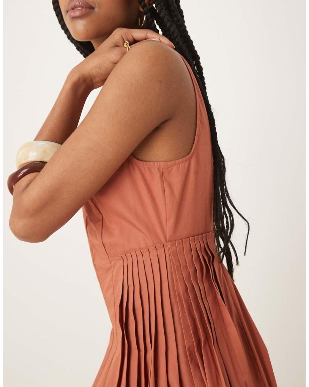ASOS Brown Scoop Neck Pleated Waist Midi Sundress