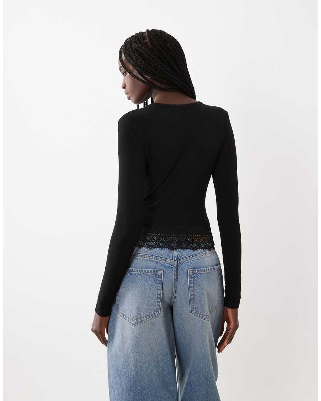 Miss Selfridge Blue Lace Trim Crew Neck Top