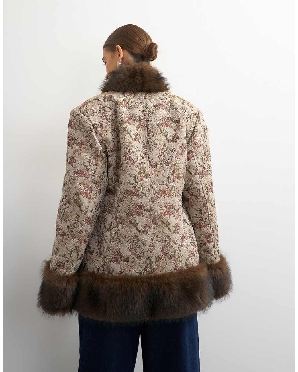 TOPSHOP Blue Jacquard Jacket With Faux Fur Trim