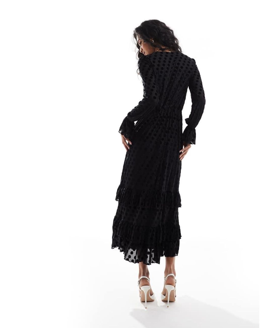 Lovedrobe Black Flocked Polka Dot Midaxi Dress