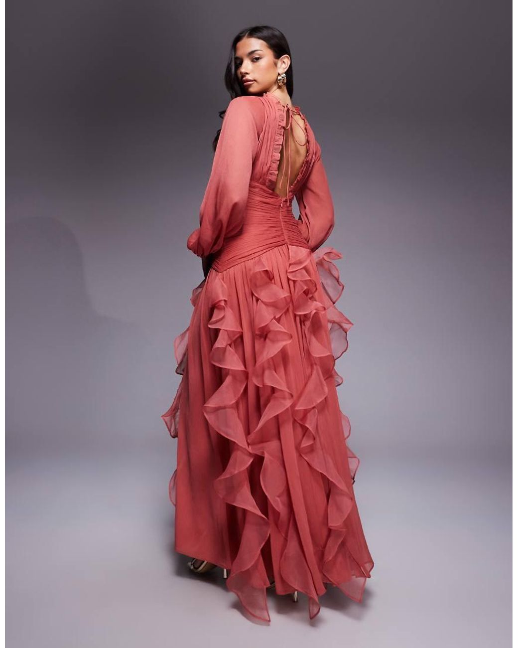 ASOS Red Ruched Long Sleeve Maxi Dress With Waterfall Detail