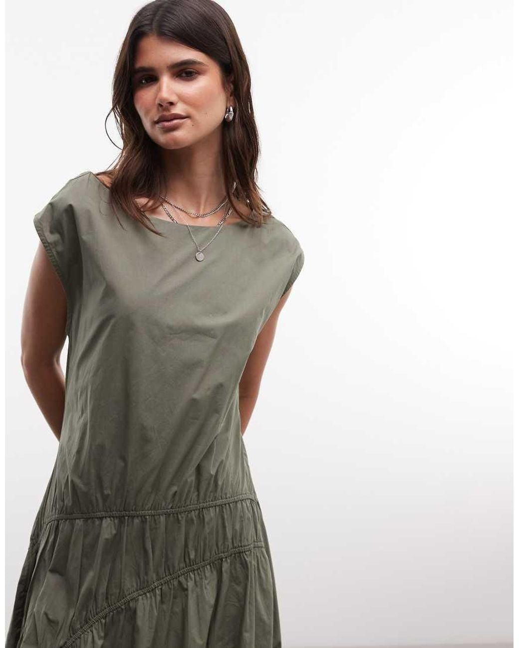 AllSaints Green Triana Ruched Ruffle Midi Dress