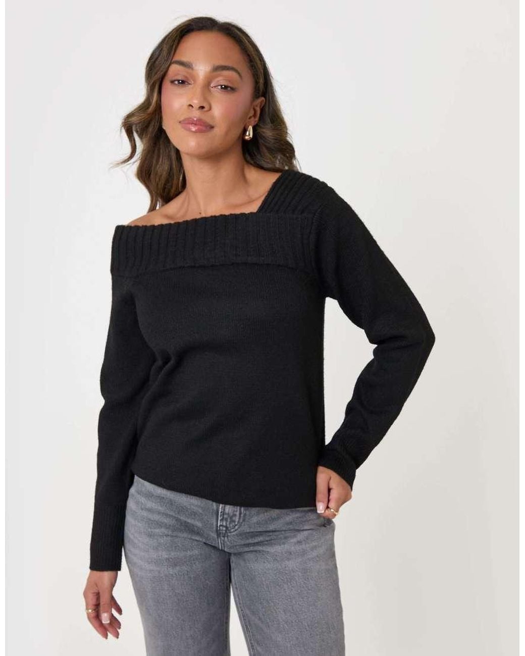 Threadbare Black Asymmetric Slash Neck Jumper