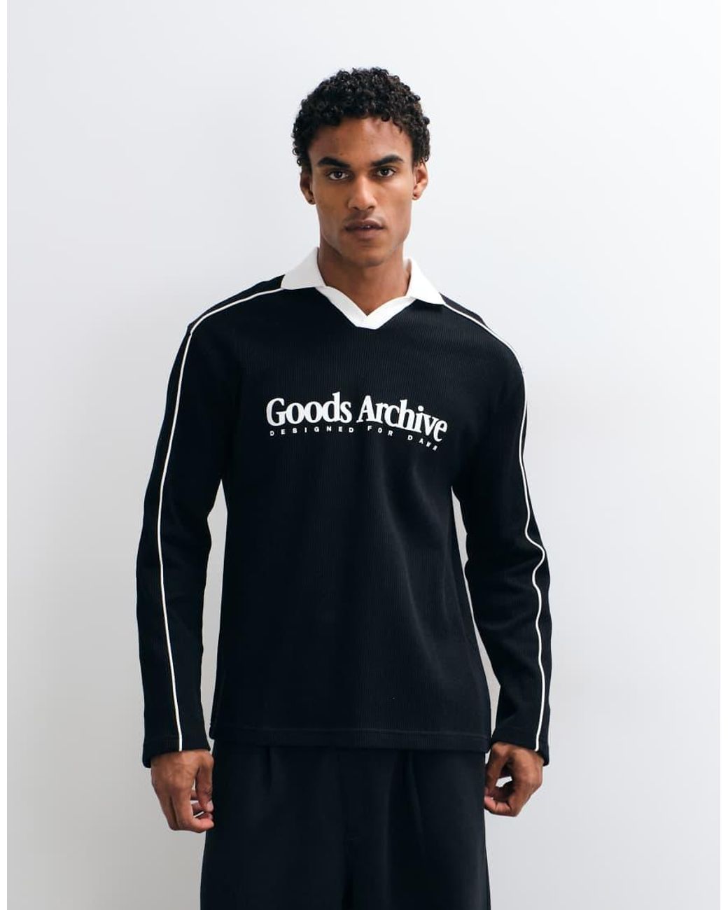 ASOS Blue Heavyweight Relaxed Long Sleeve Polo With Piping And Text Graphic for men