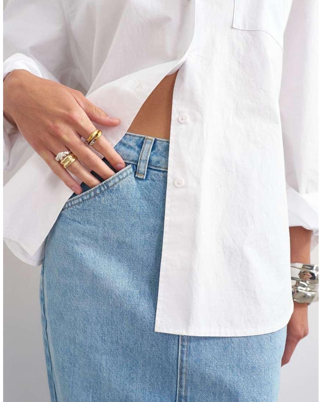 TOPSHOP White Denim 90S Midi Skirt