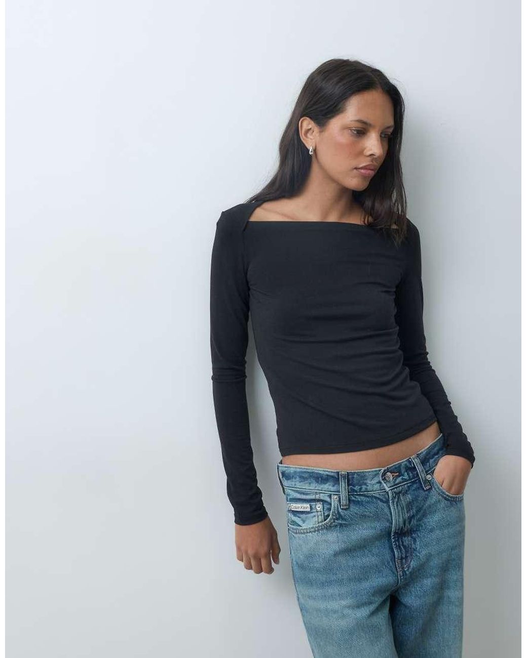Mango Blue Square Neck Long Sleeve T-Shirt