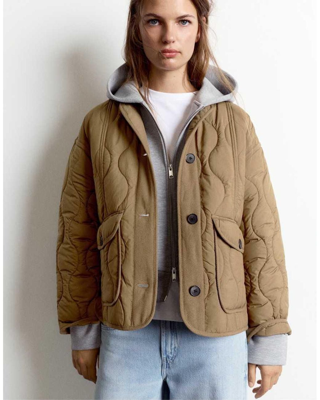 Pull&Bear Natural Puffer Jacket With Pockets