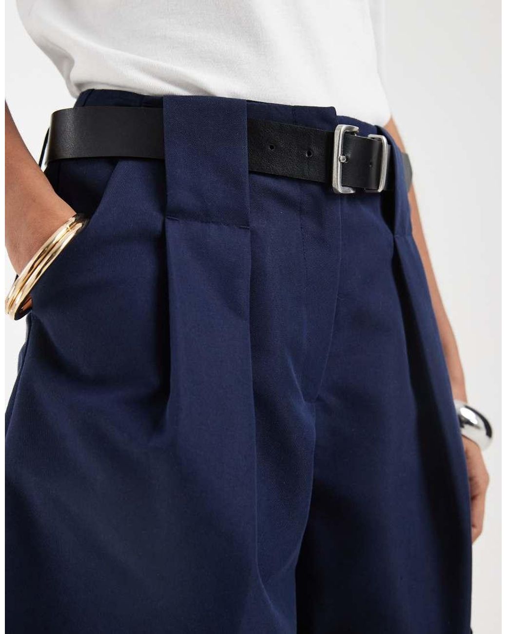 ASOS Blue Tailored Belted Turn Up Shorts
