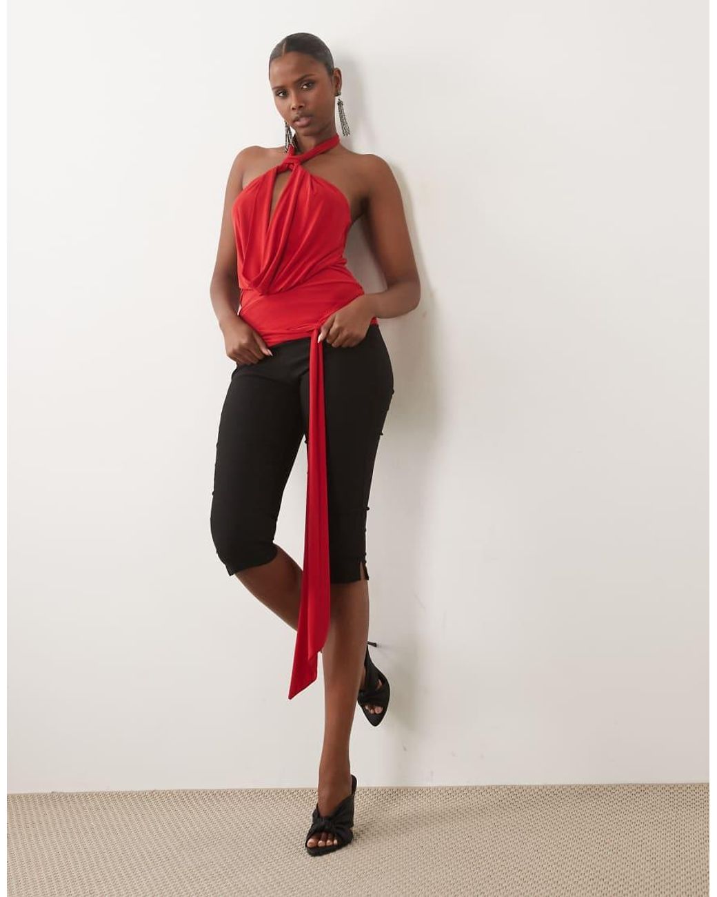 ASOS Red Slinky Cowl Draped Sash Halter Top