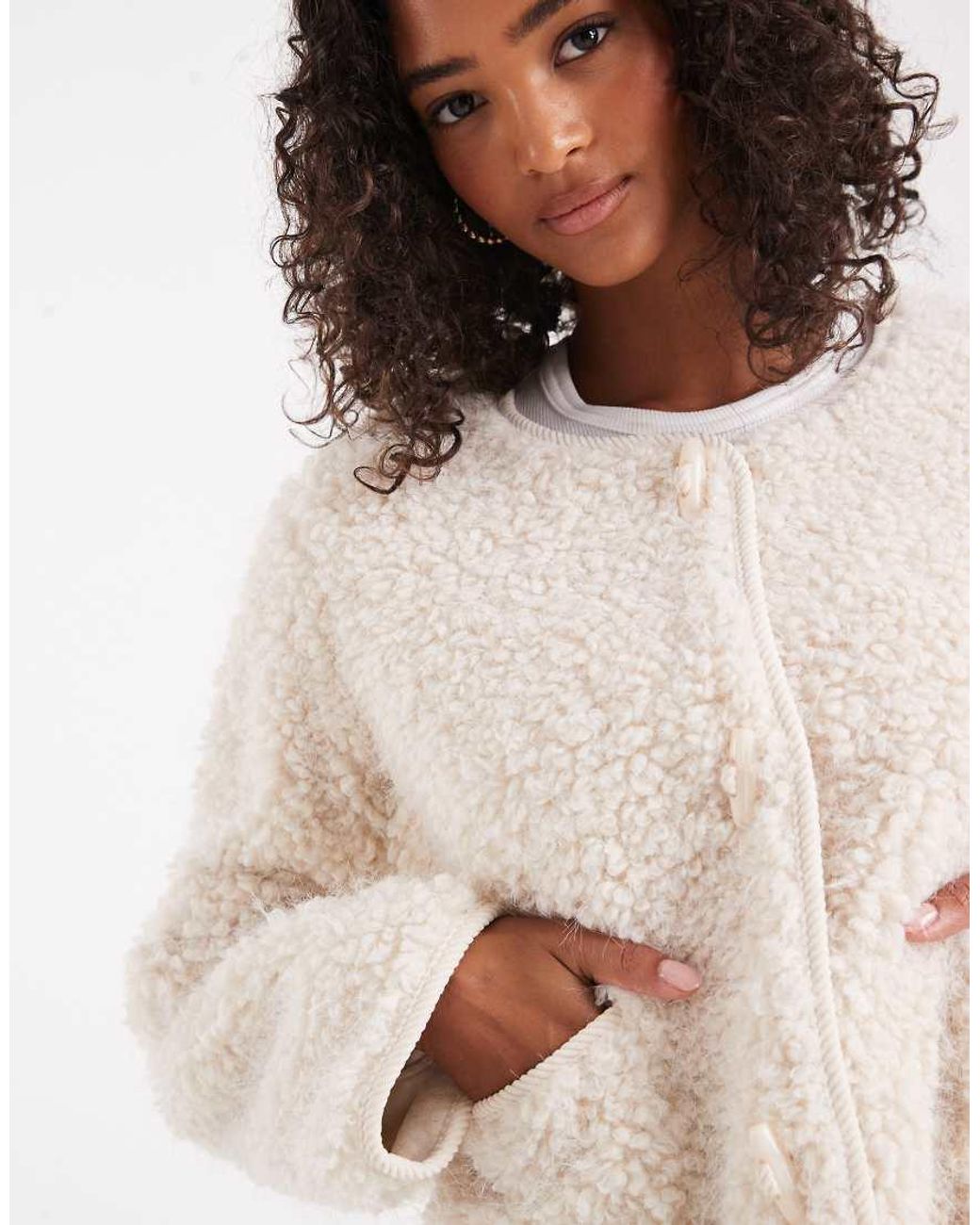 Object White Premium Fluffy Borg Duffle Style Cropped Jacket