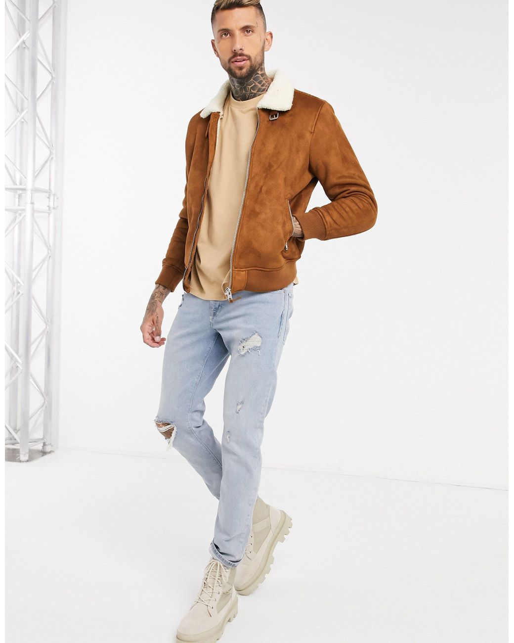 Bershka Suede Bomber Jacket With Borg Collar in Brown for Men | Lyst