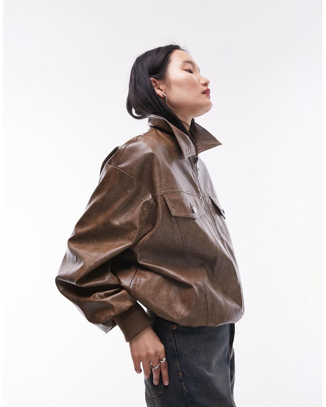 TOPSHOP Faux Leather Bomber Jacket in Brown | Lyst