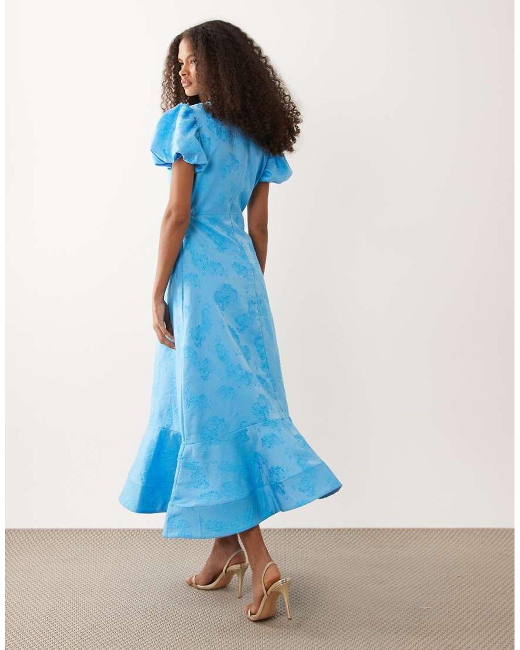 Sister Jane Blue Exclusive Jacquard Puff Sleeve Structured Hem Midi Dress