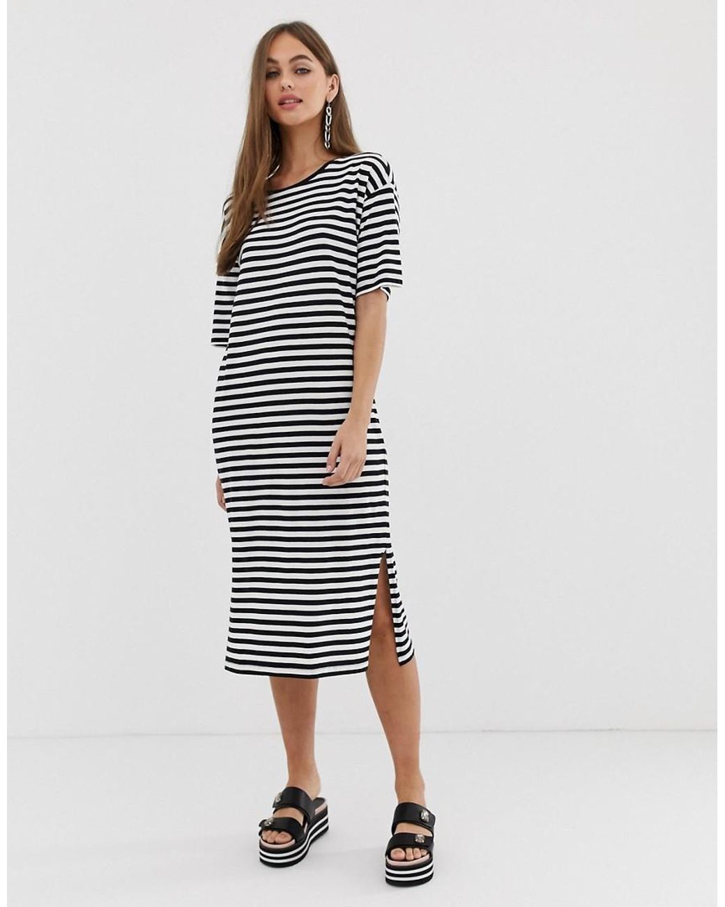 Noisy May Denim Oversized Stripe T-shirt Dress in Black - Lyst