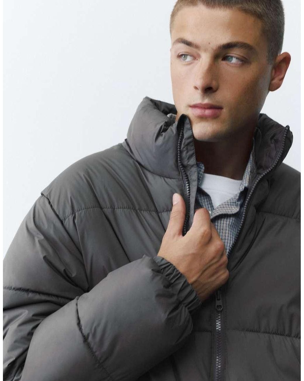 Pull&Bear Gray High Neck Puffer Jacket for men