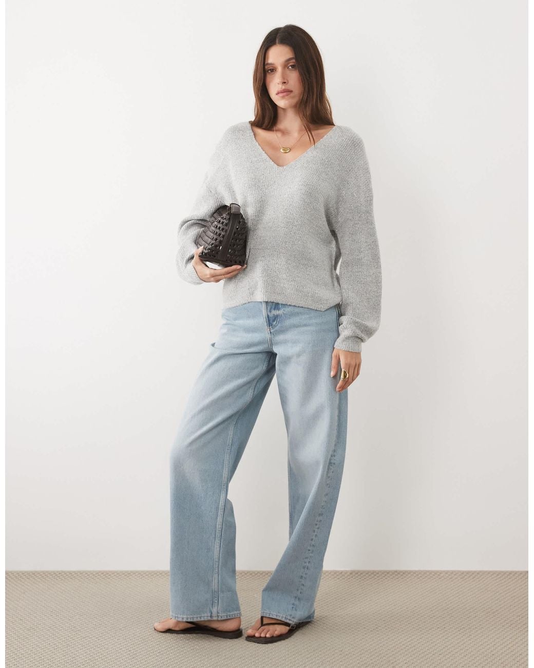 Pull col v Threadbare en coloris Gray